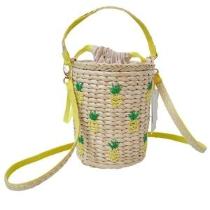New! Rachel Ashwell Straw Rattan Jute Pineapples Bucket Crossbody Shoulder Bag